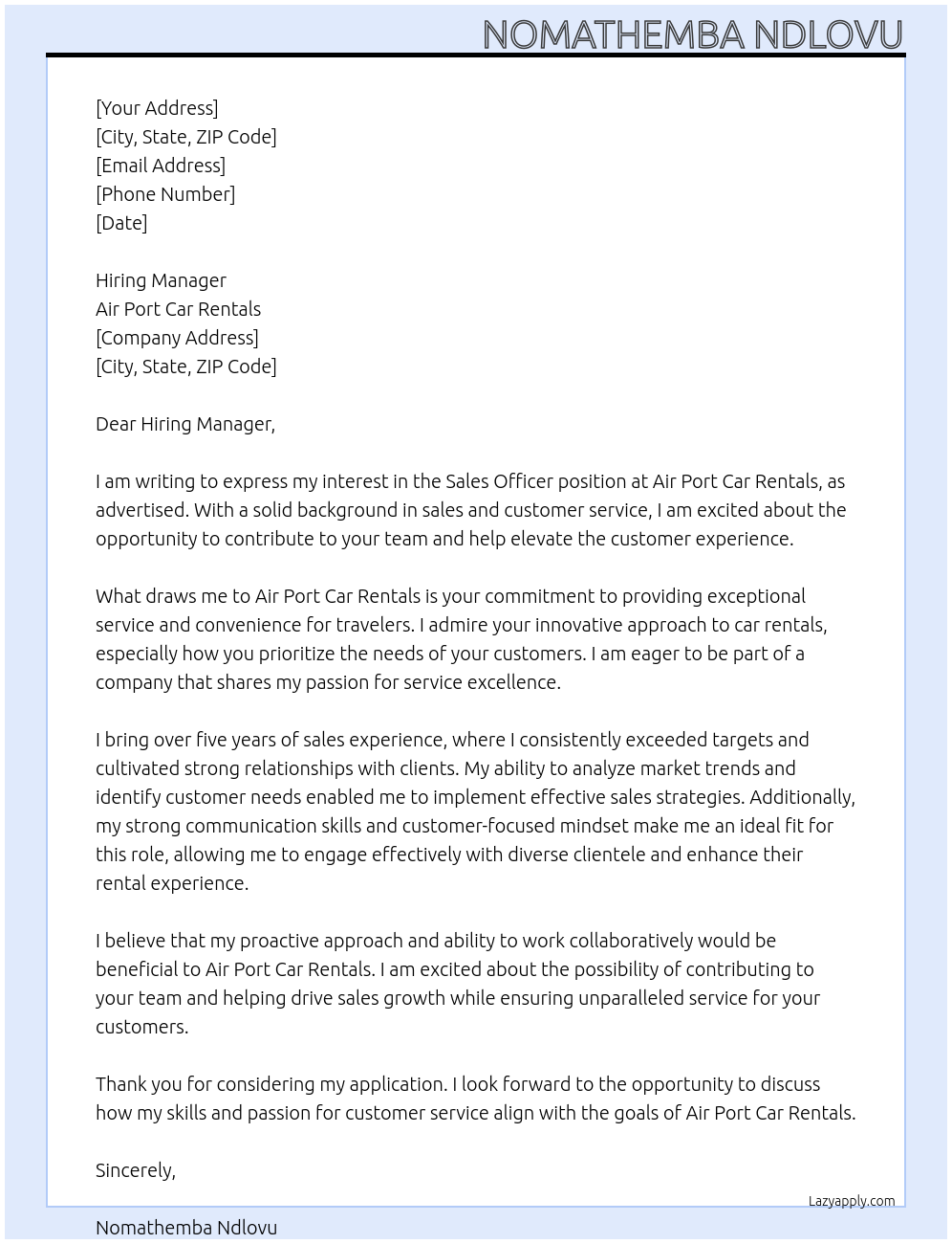 Sales Officer At Air Port Car Rentals Cover Letter