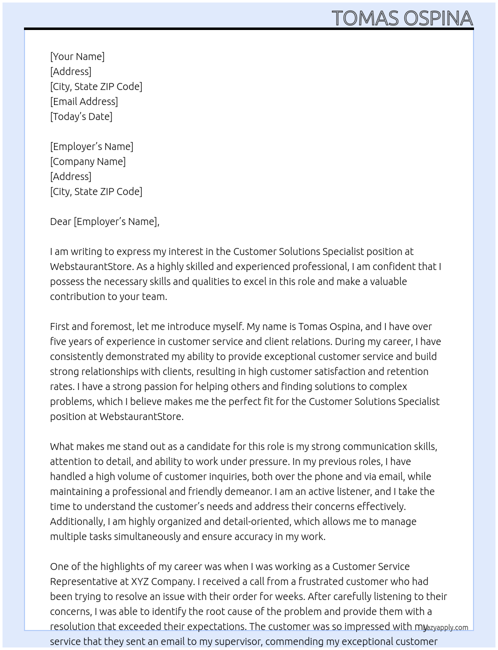Customer Solutions Specialist At WebstaurantStore Cover Letter