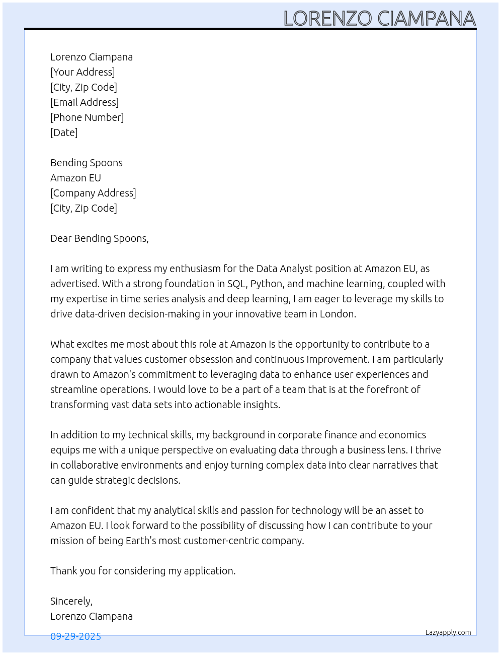 Data Analyst At Amazon EU Cover Letter