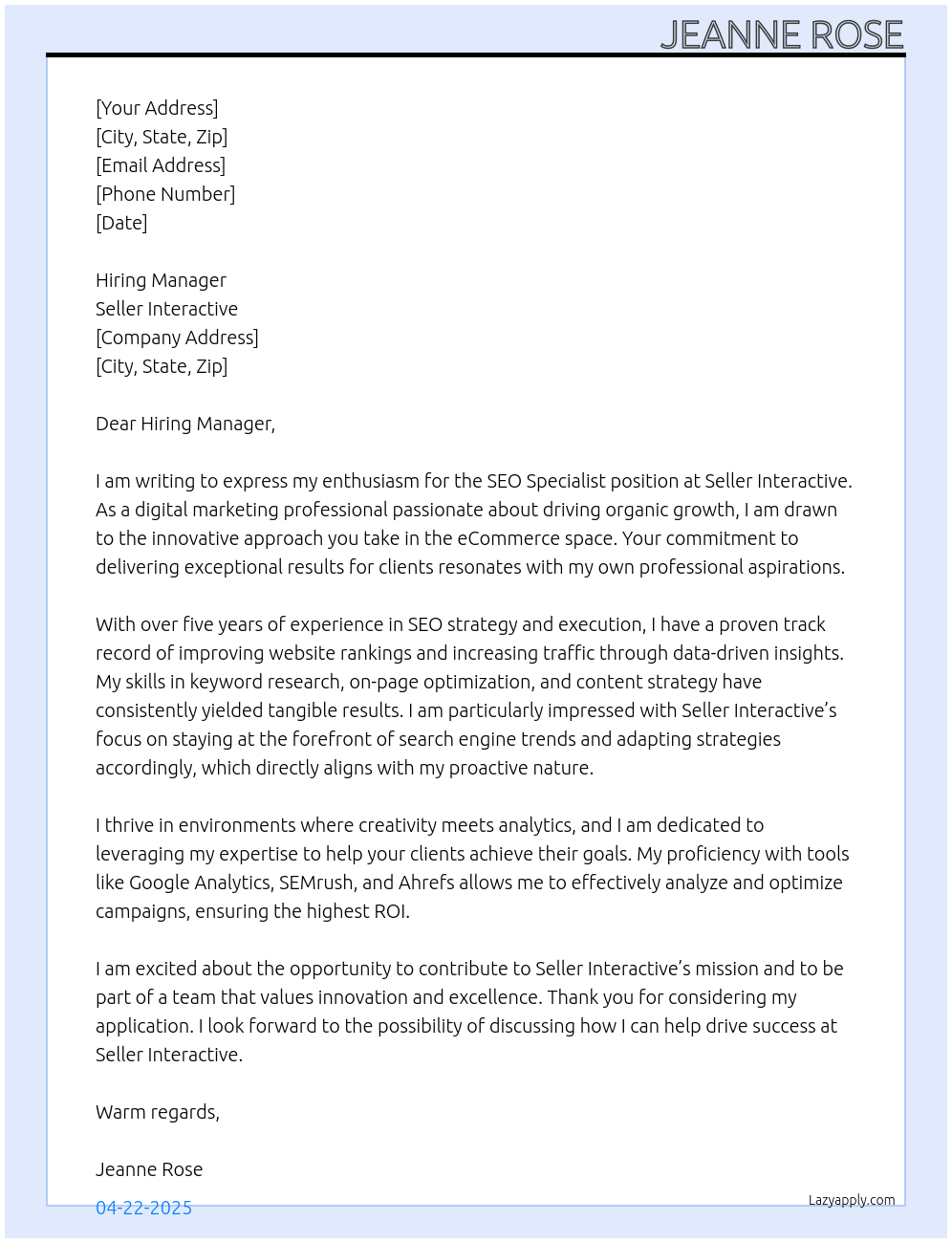 SEO Specialist At Seller Interactive Cover Letter