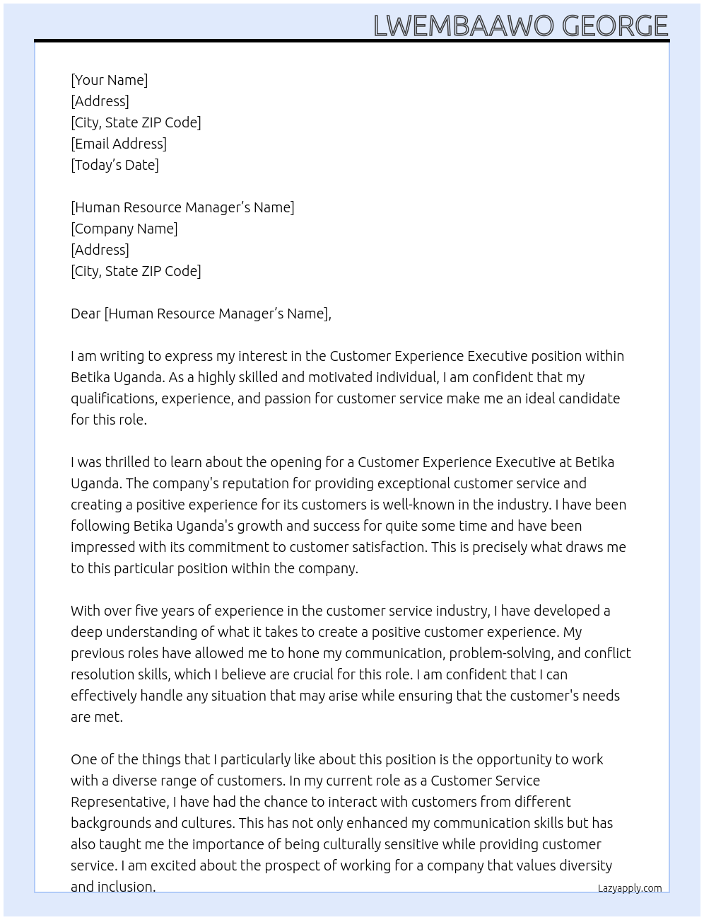 Customer Experience Executive At Betika Uganda Cover Letter