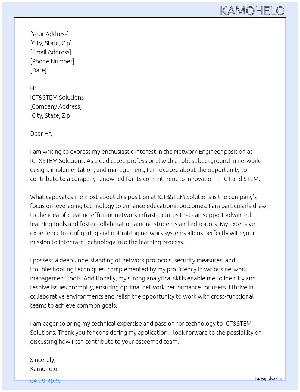 Network engineer At ICT&STEM Solutions Cover Letter