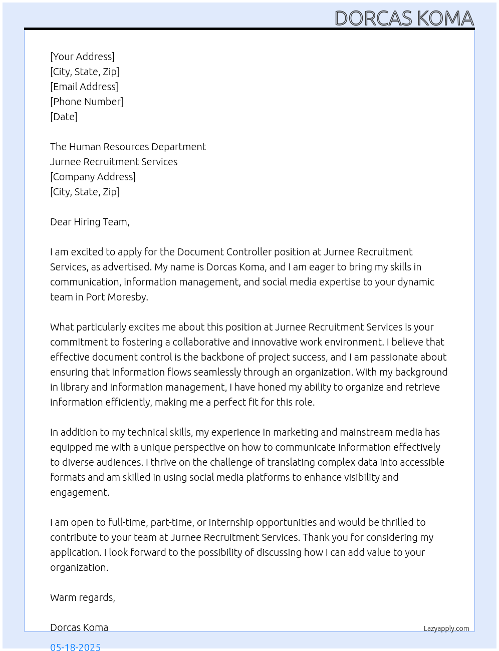 Document Controller At Jurnee Recruitment Services Cover Letter