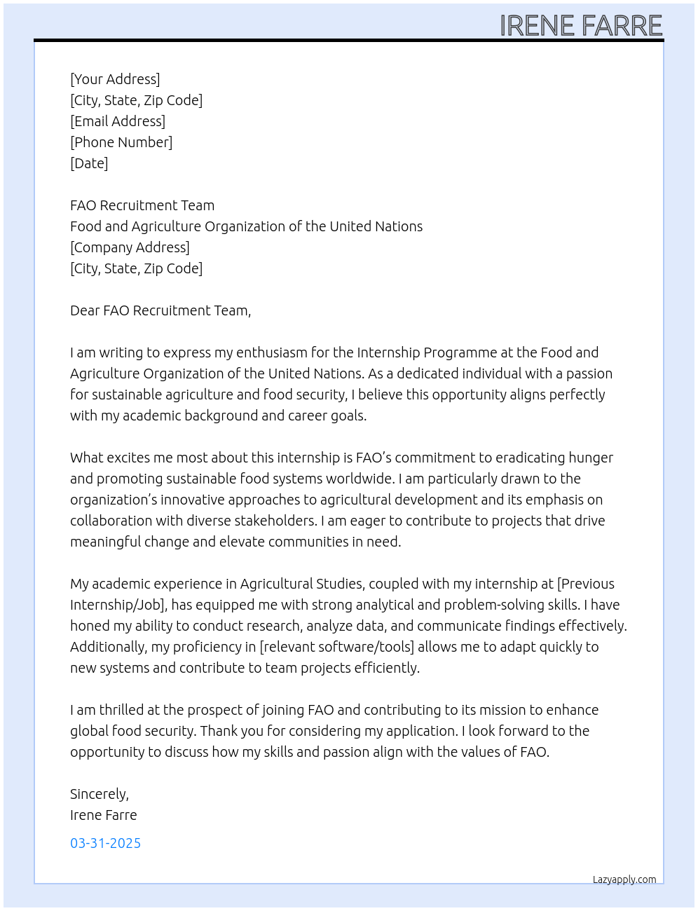 Internship Programme At FAO - Food and Agriculture Organization of the United Nations Cover Letter