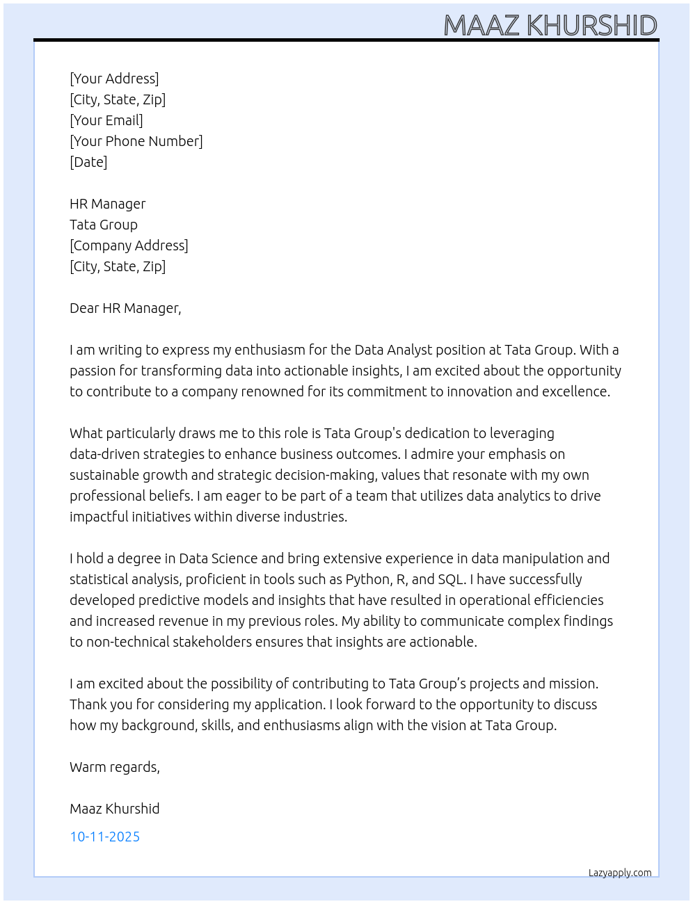 Data Analyst At Tata Group Cover Letter