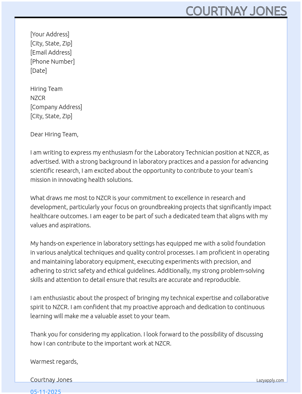 Laboratory Technician At NZCR Cover Letter