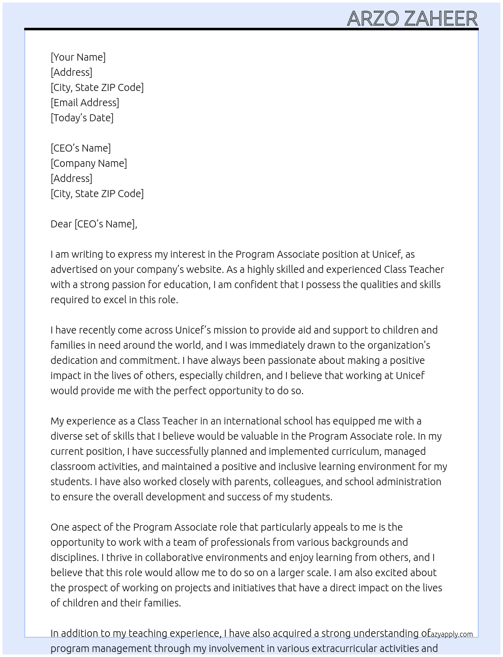 Program associate At Unicef Cover Letter