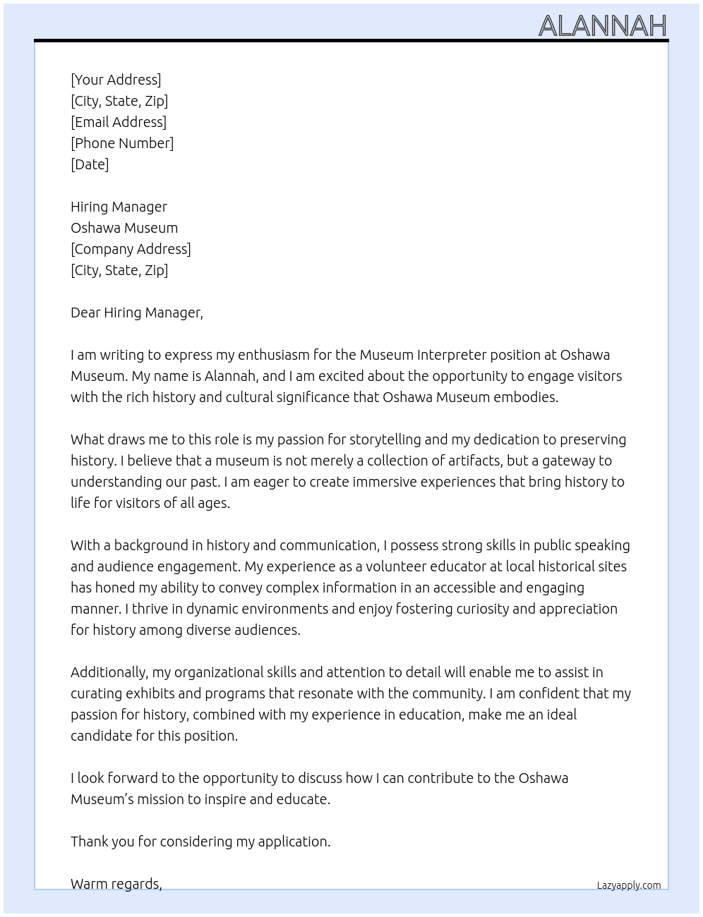 Museum interpreter At Oshawa Museum Cover Letter