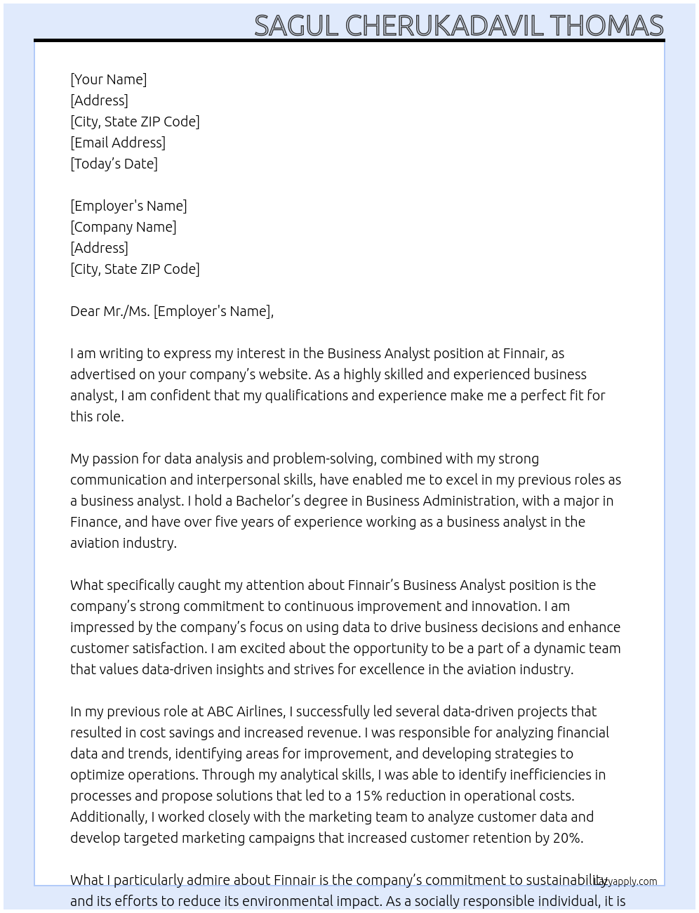 business analyist At finnair Cover Letter