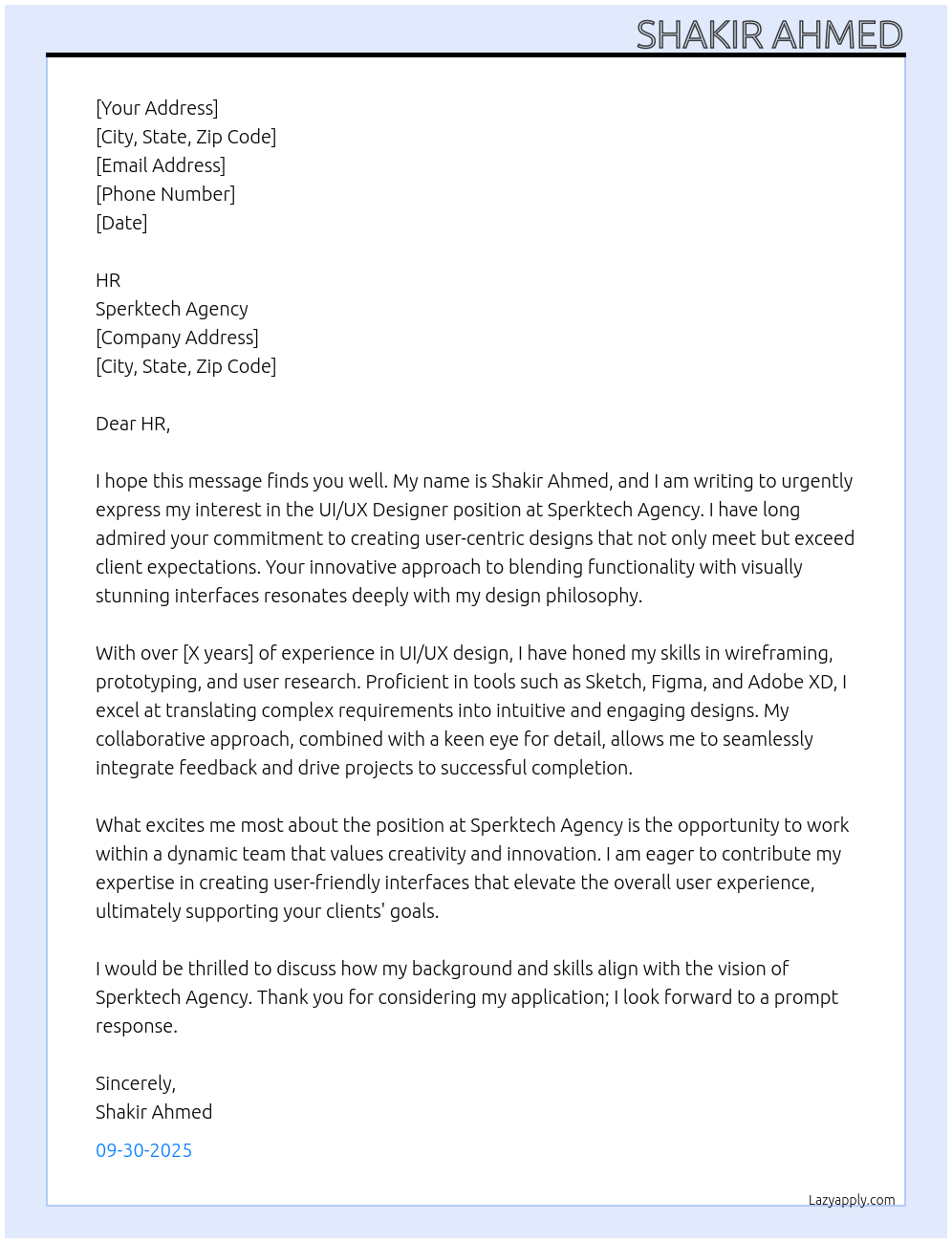 UIUX Designer At Sperktech Agency Cover Letter