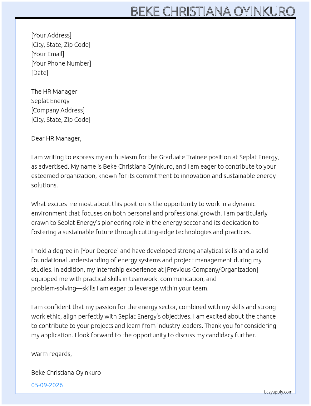 Graduate Trainee  At Seplat Energy  Cover Letter