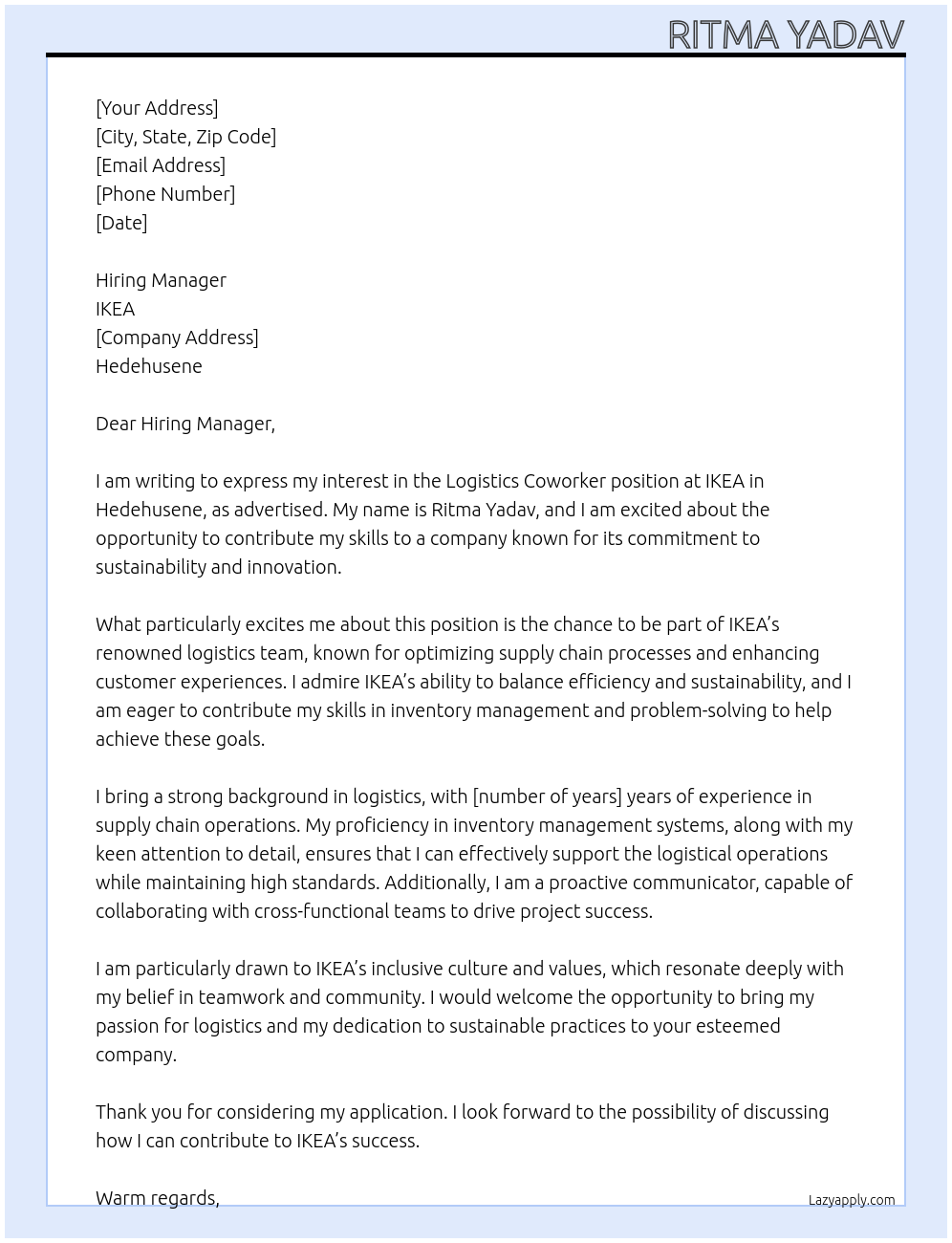 Logistics coworker At IKEA Cover Letter