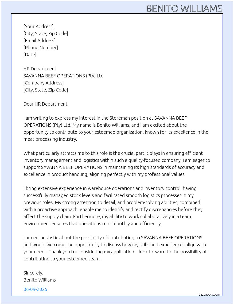 Storeman At SAVANNA BEEF OPERATIONS (Pty) Ltd Cover Letter