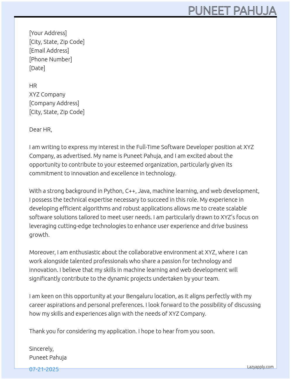 Software Developer At xyz Cover Letter