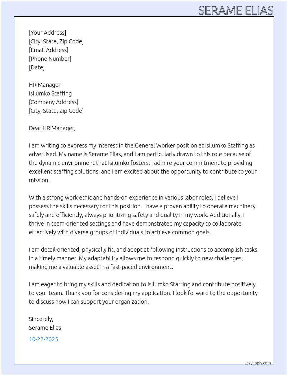 General worker At Isilumko staffing Cover Letter