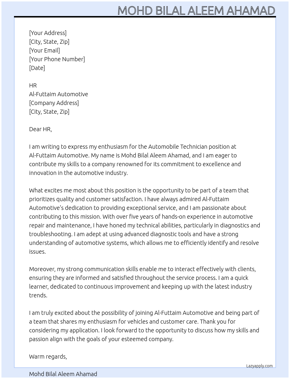 Cover letter for automobile technicians - LazyApply