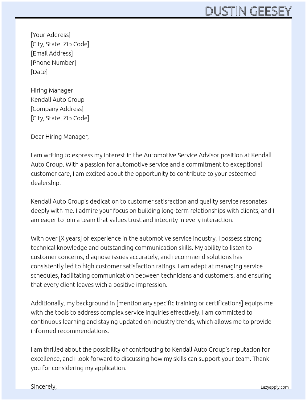 Automotive Service Advisor At Kendall Auto Group Cover Letter