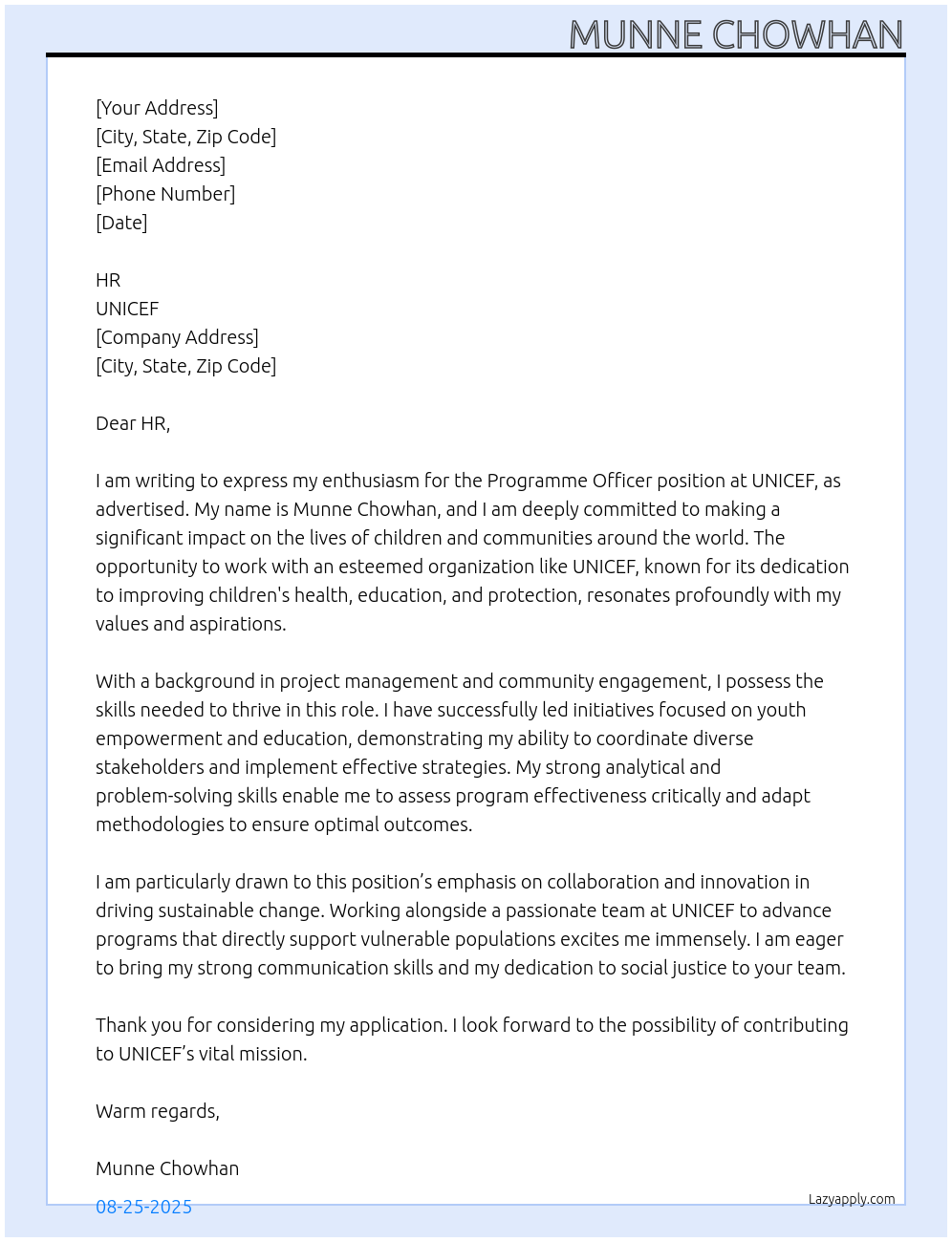 Cover letter for programme officer - LazyApply