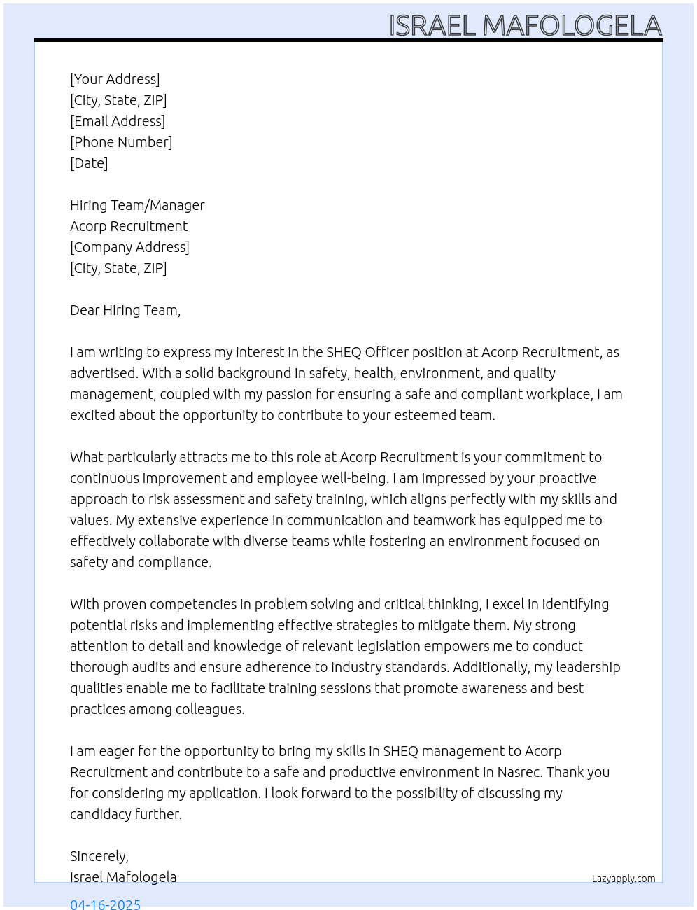 Cover letter for sheq officer - LazyApply