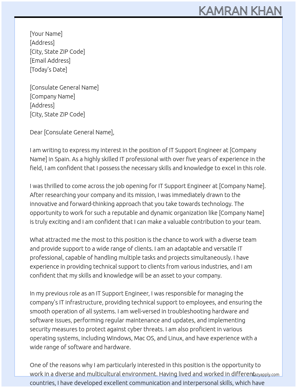IT Support Engineer At spain Cover Letter