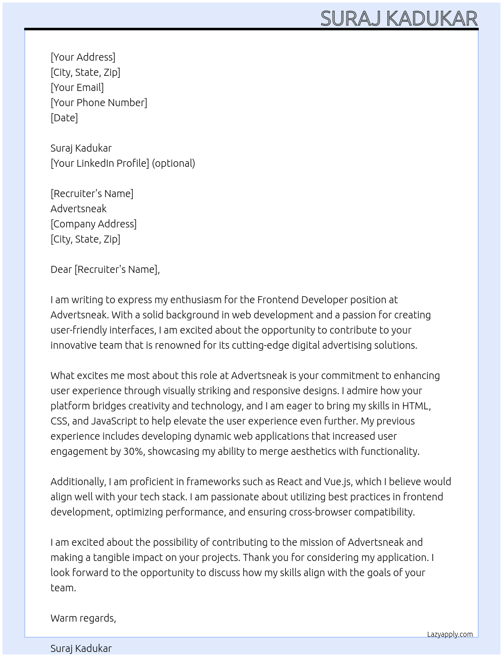 Frontend Developer At Advertsneak Cover Letter