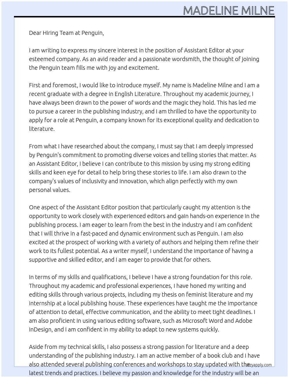 Assistant Editor  At Penguin  Cover Letter