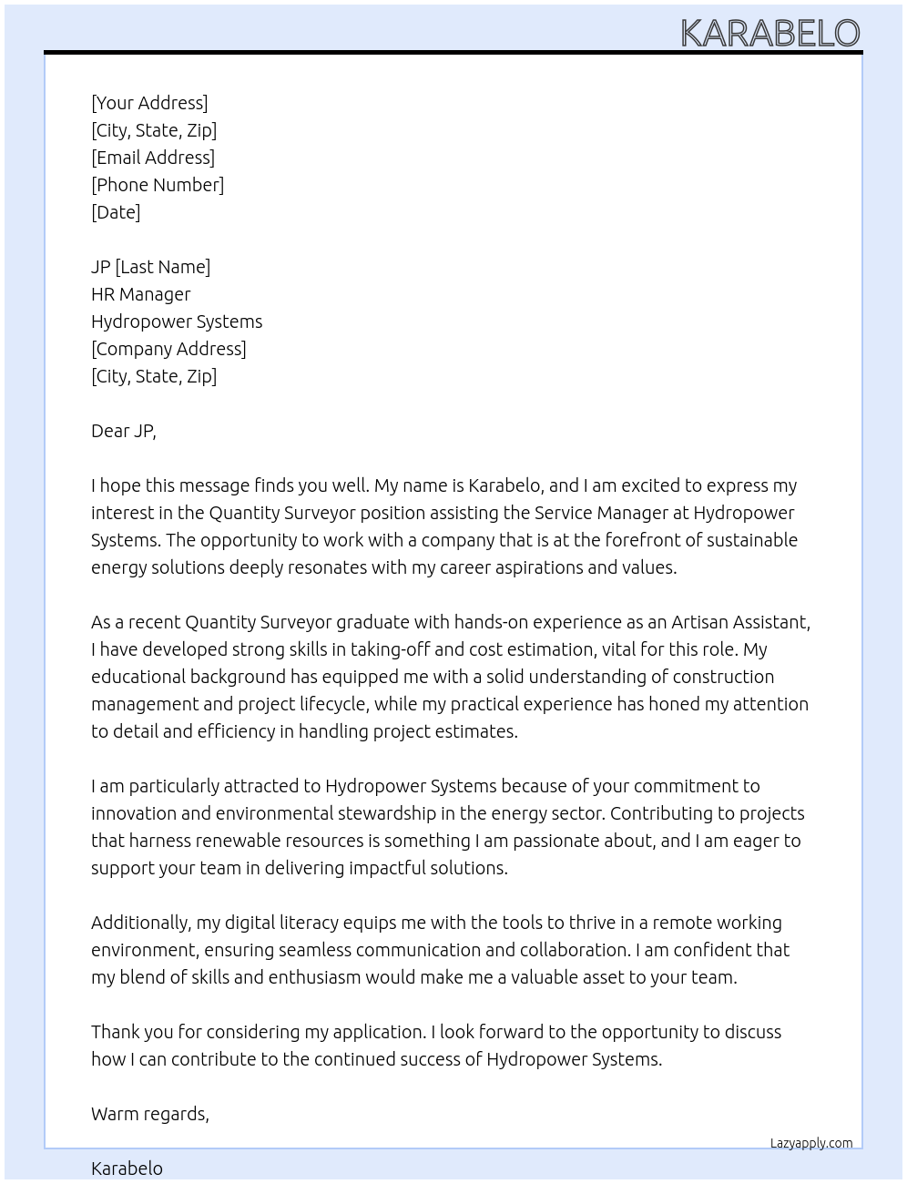 Cover letter for quantity surveyor assisting service manager - LazyApply