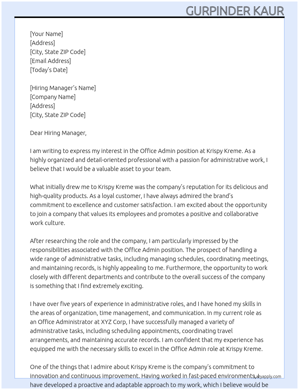 Office admin At Krispy kreme Cover Letter