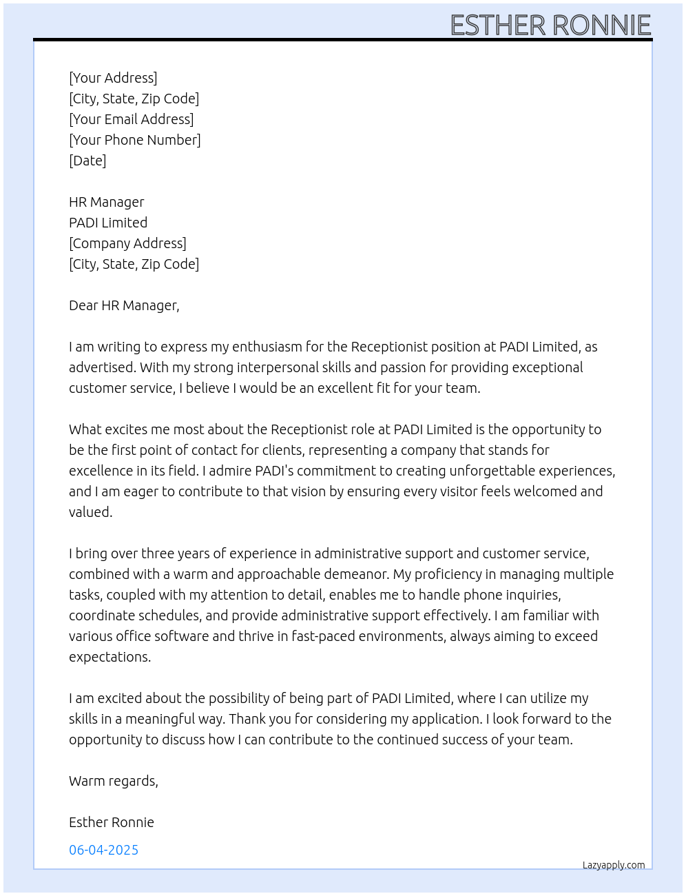 Receptionist At PADI Limited Cover Letter