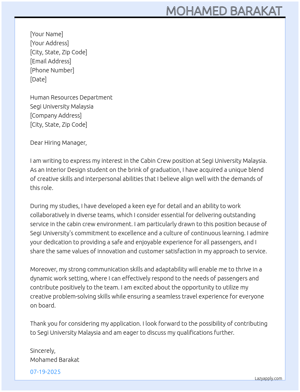 Cabin crew At Segi University Malaysia Cover Letter