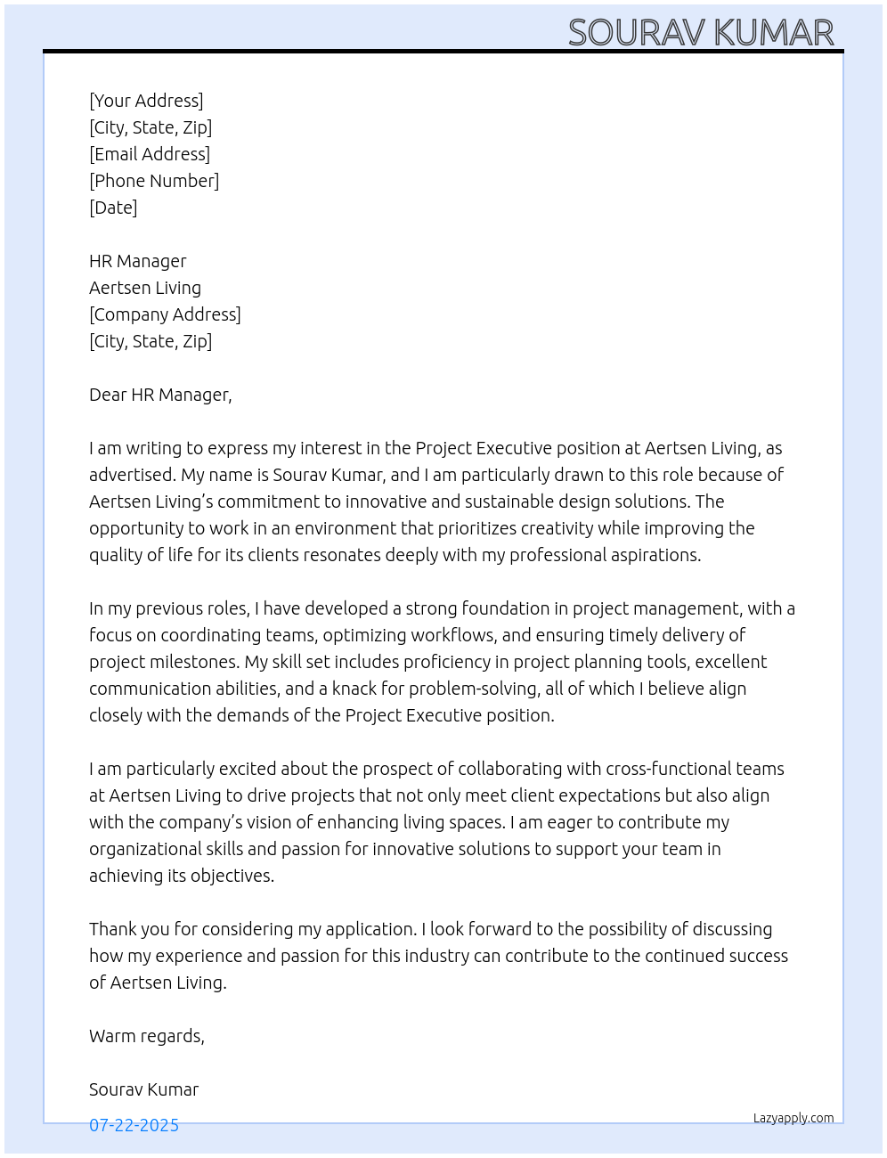 Project Executive  At Aertsen Living Cover Letter