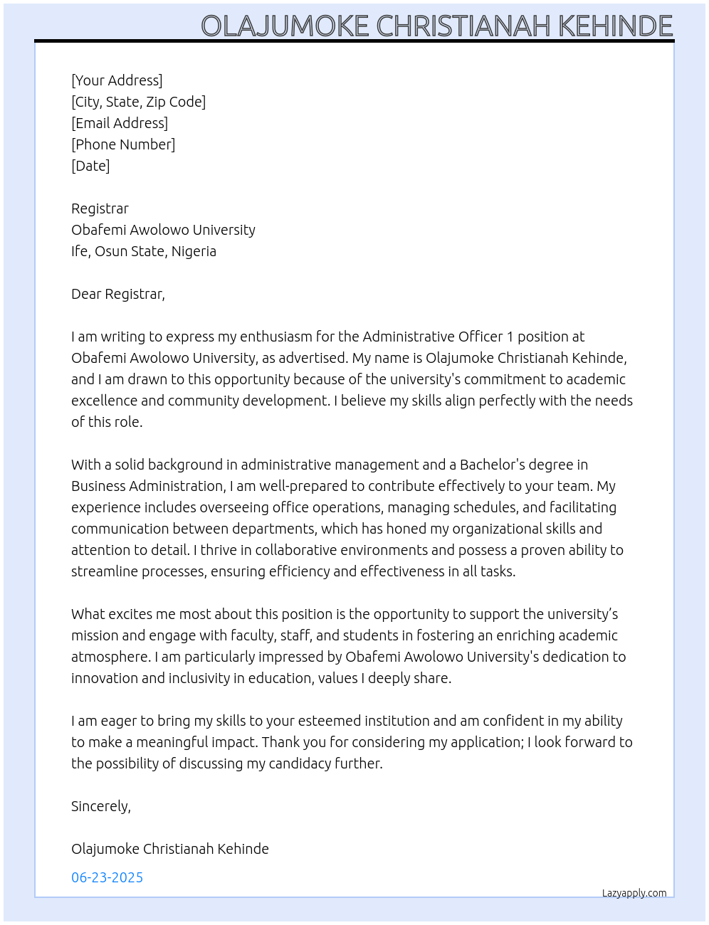 Administrative Officer 1 At Obafemi Awolowo University Cover Letter