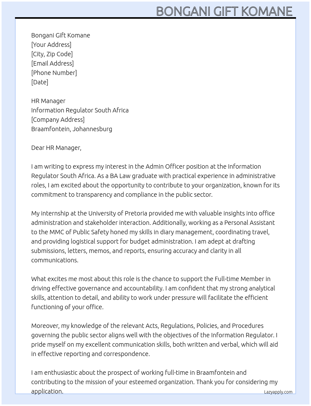 Admin Officer At Information Regulator South Africa Cover Letter