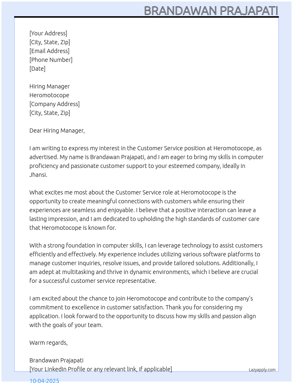 Customer service At Heromotocope Cover Letter