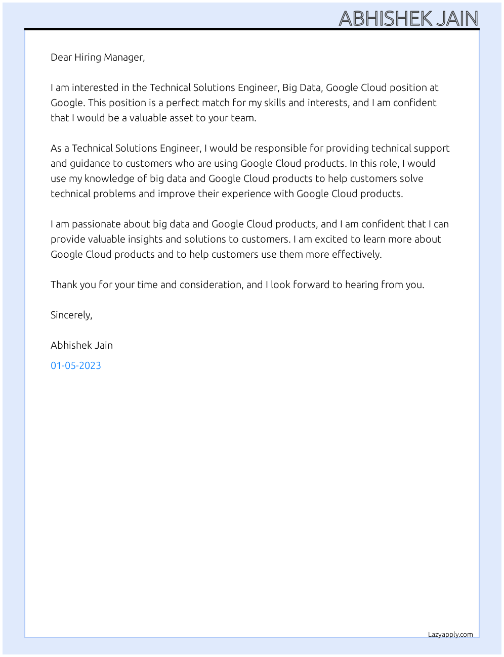 Cover letter for technical solutions engineer, big data, google cloud - LazyApply