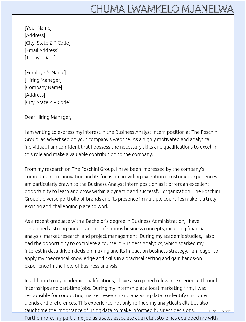 Cover letter for business analyst intern - LazyApply