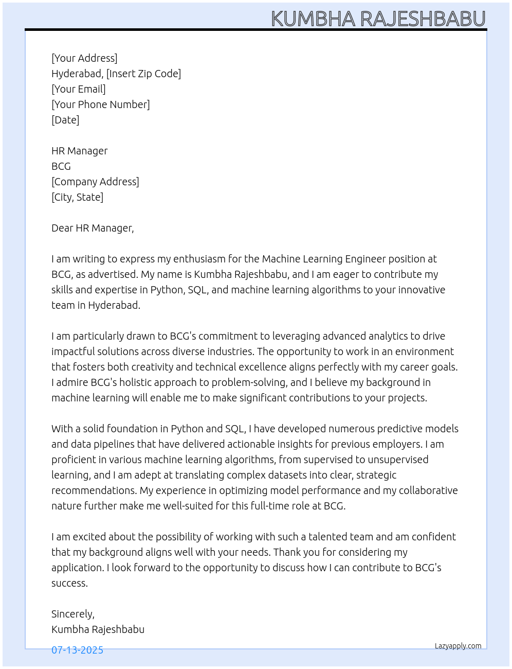 Machine Learn Engineer At BCG Cover Letter