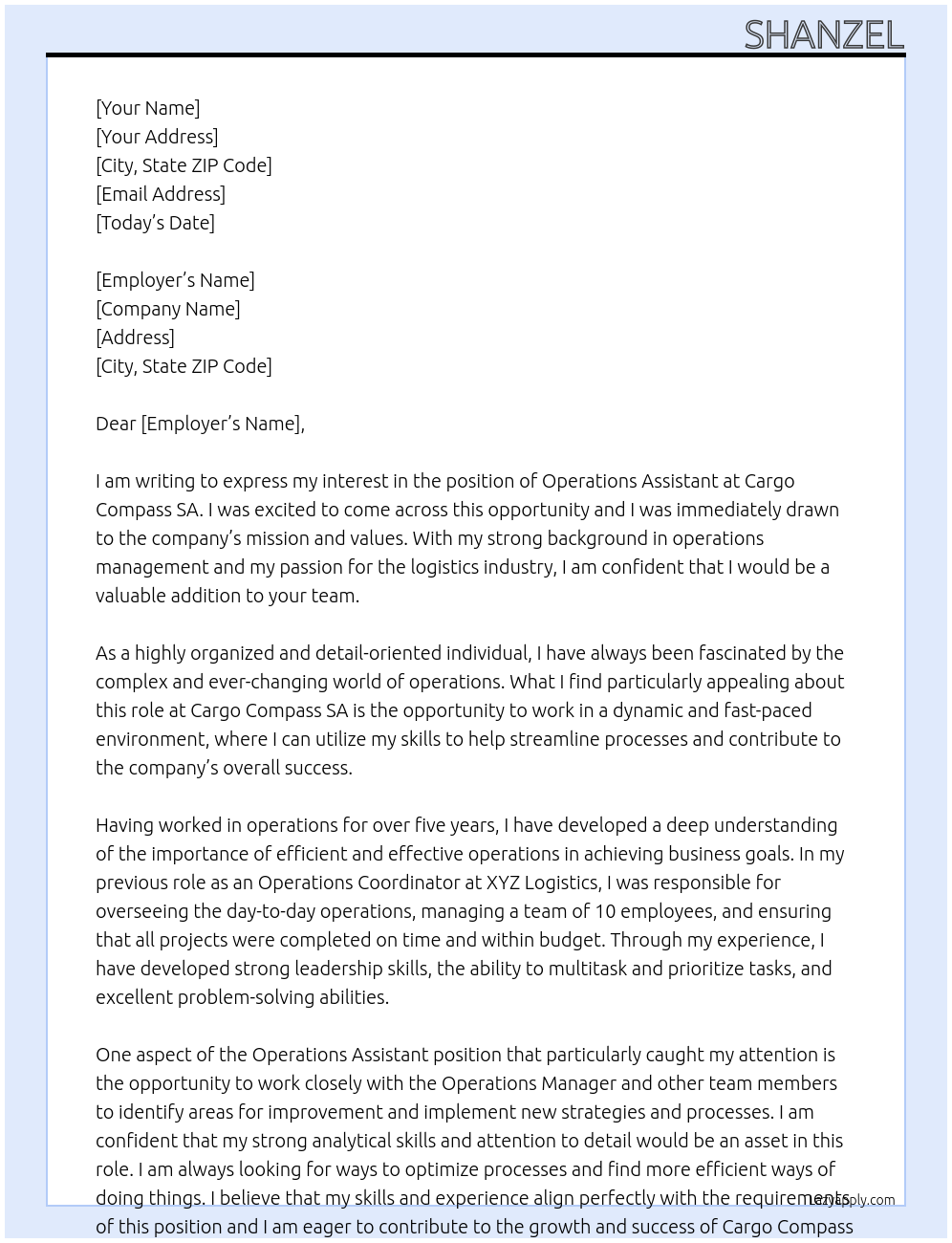 Operations assistant At Cargo Compass SA Cover Letter