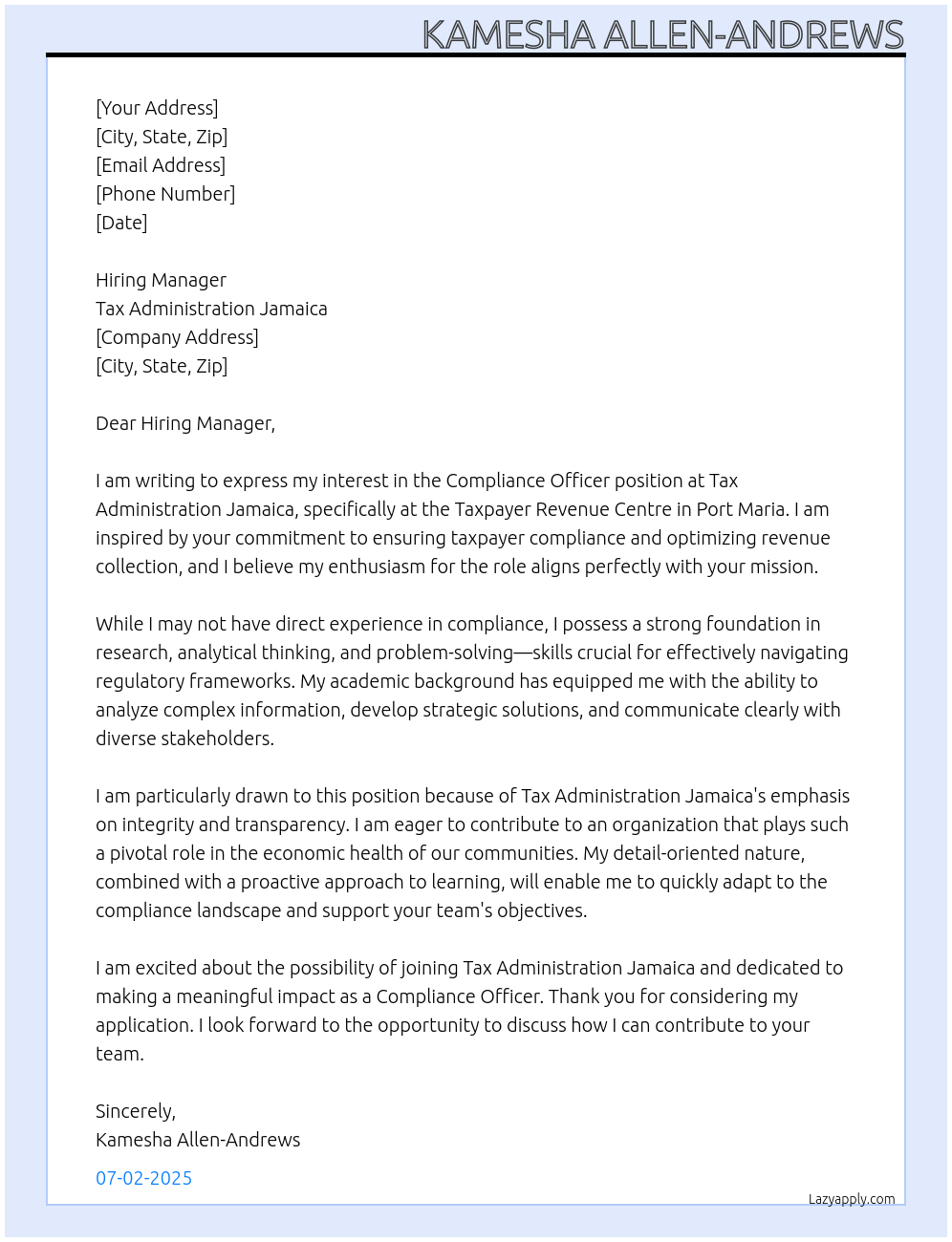 Compliance Officer At Tax Administration Jamaica Cover Letter