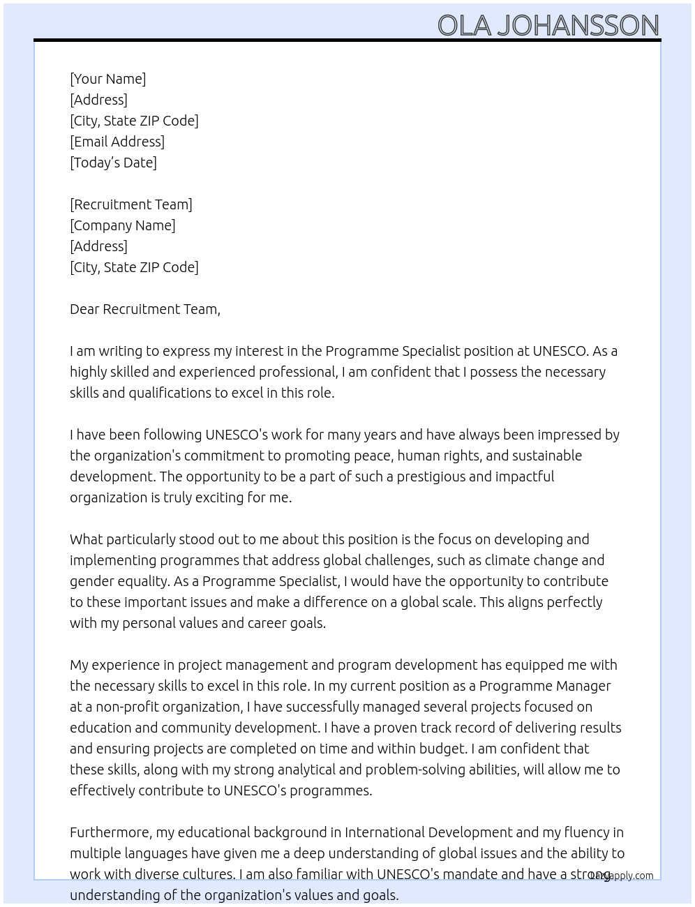 Programme Specialist At UNESCO Cover Letter