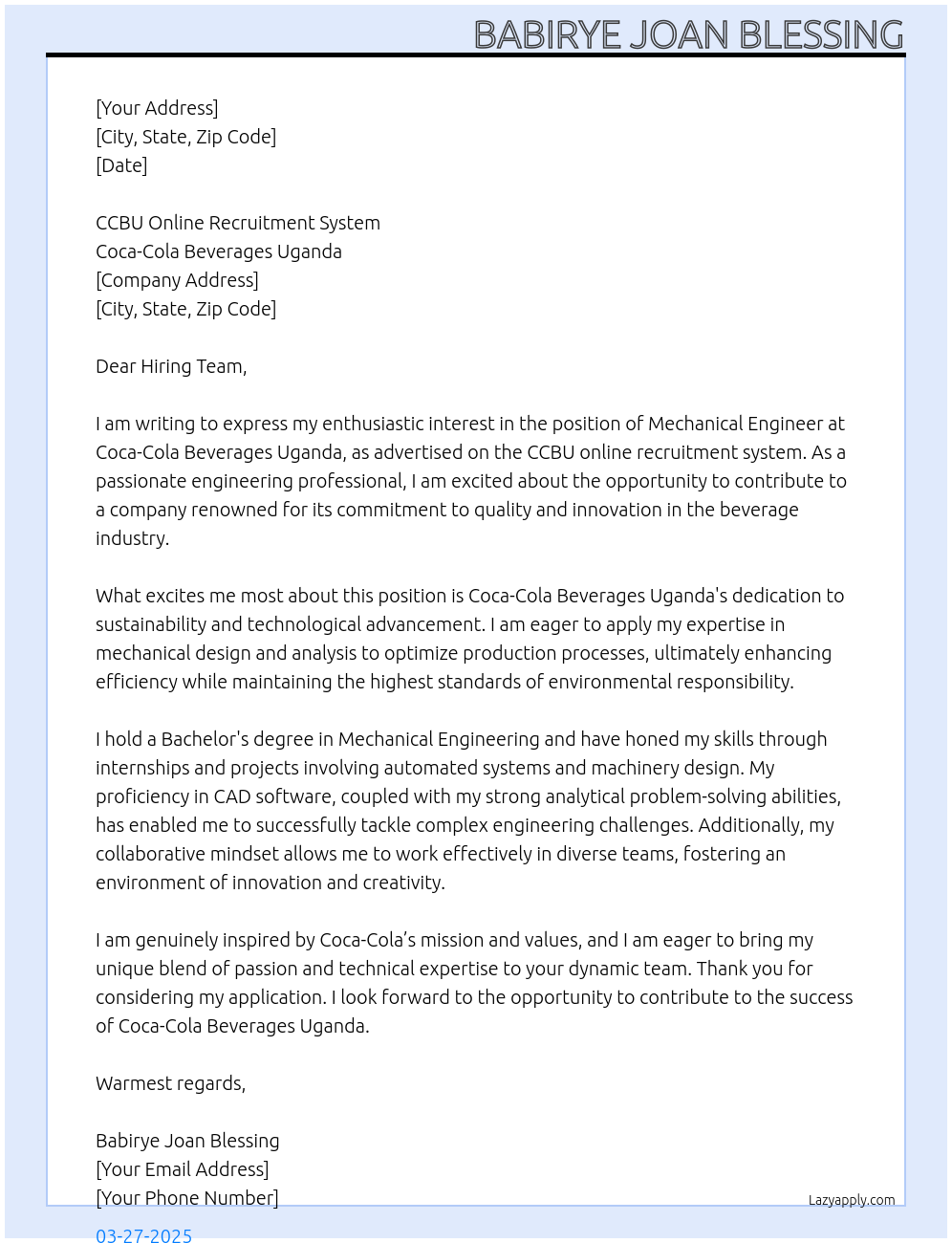 Mechanical Engineer At Coca-cola Beverages Uganda Cover Letter