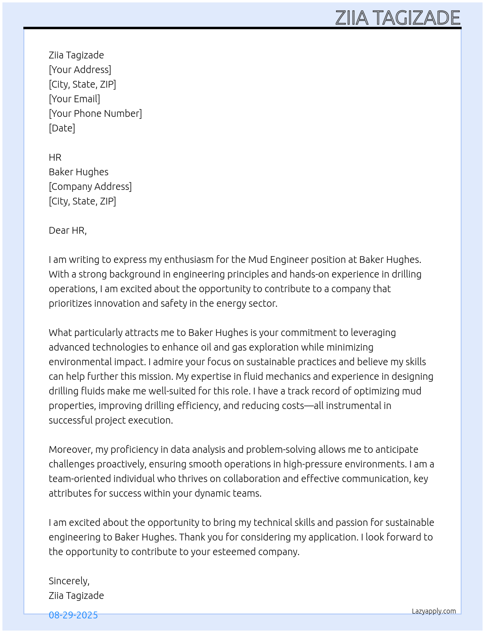 mud engineer At Baker Hughes Cover Letter