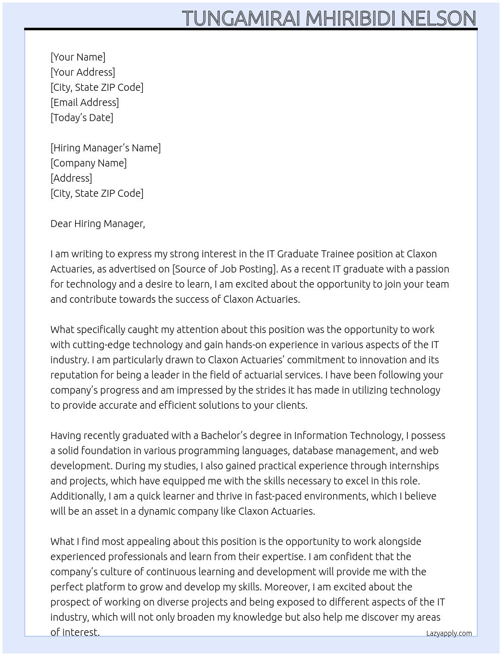 Cover letter for it graduate trainee - LazyApply