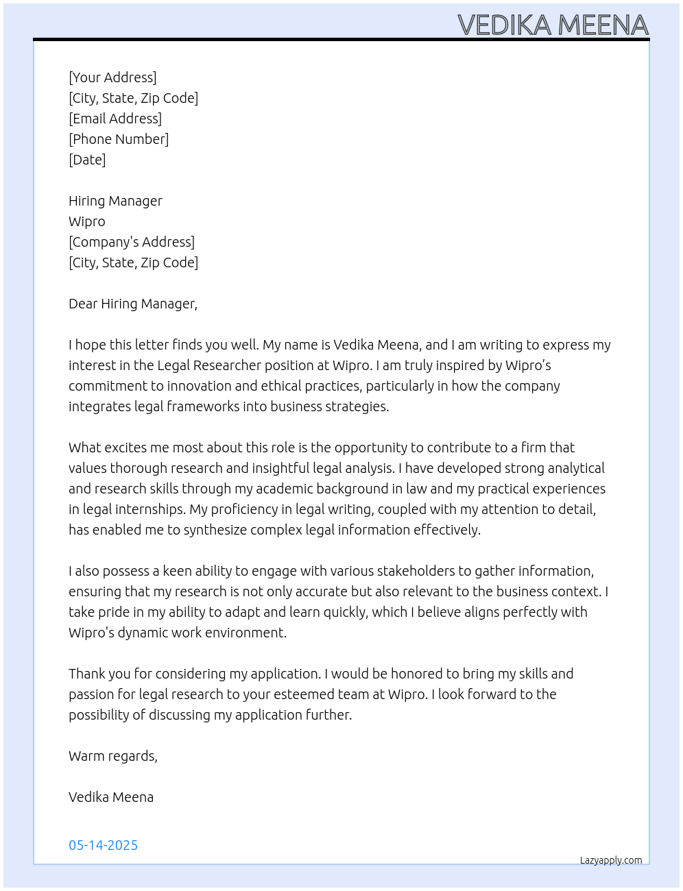 Cover letter for legal researcher - LazyApply