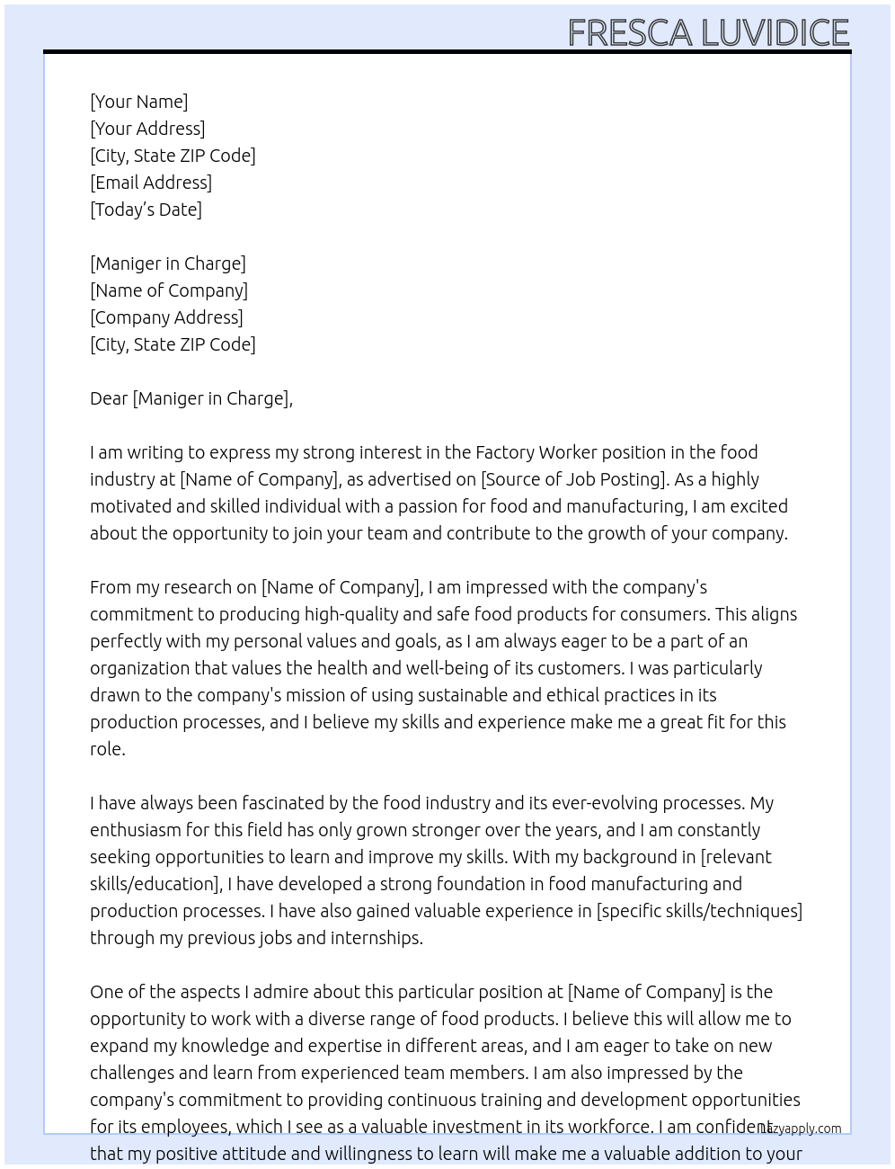 Cover letter for factory worker in food industry - LazyApply