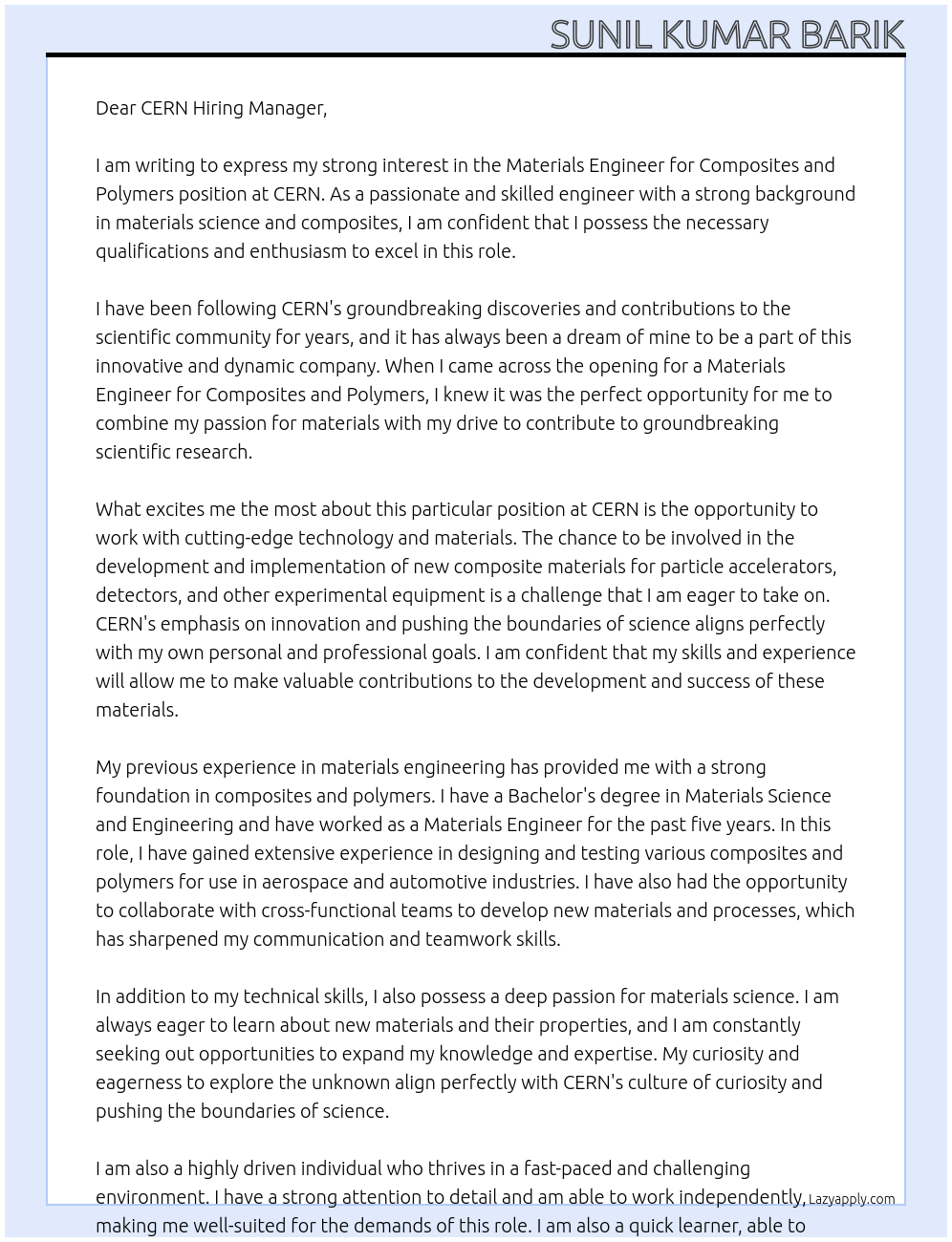 Materials Engineer for Composites and Polymers At CERN Cover Letter