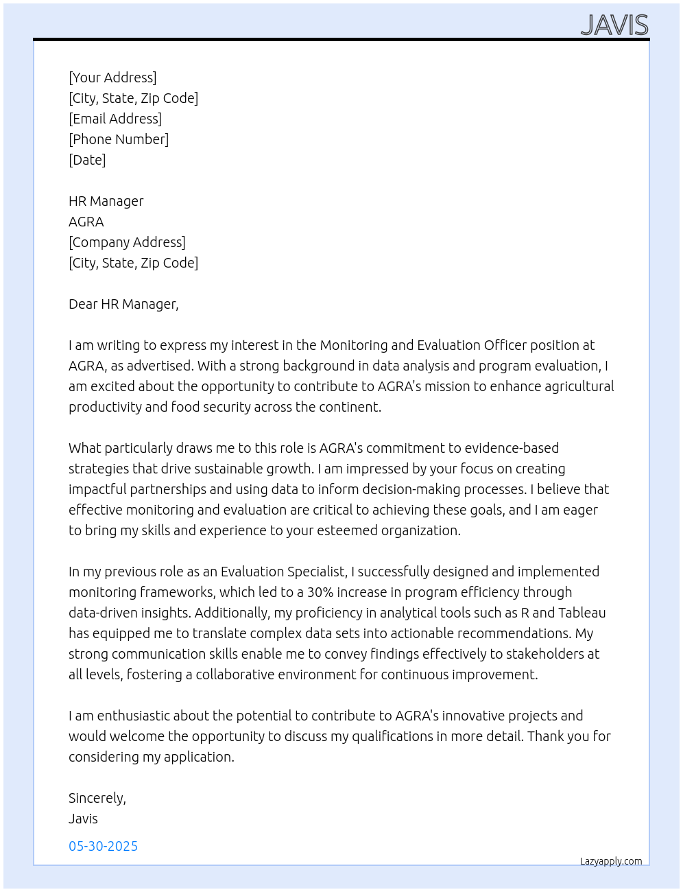 Monitoring and Evaluation Officer At AGRA Cover Letter