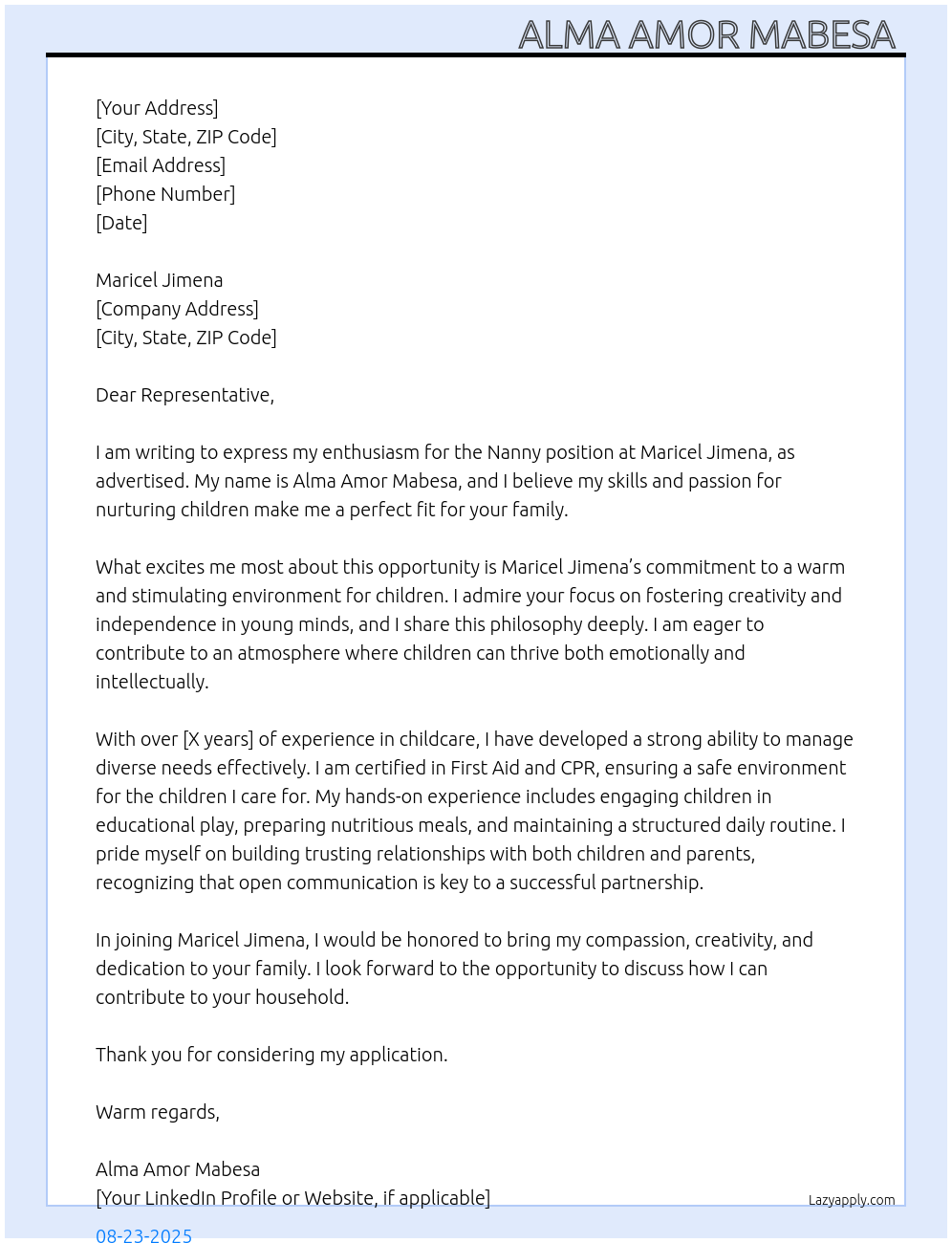 Cover letter for nanny - LazyApply