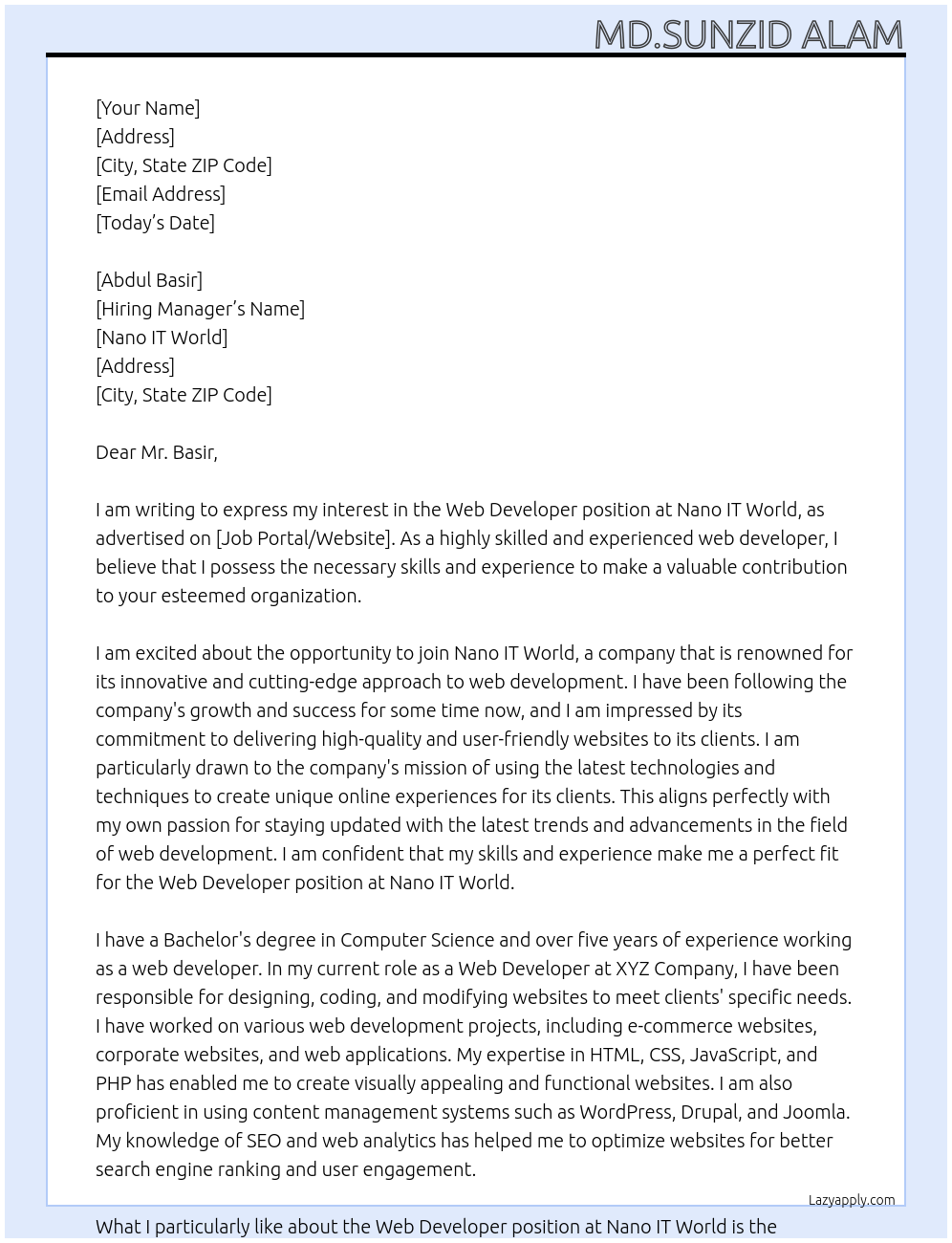 Web Developer At Nano IT World Cover Letter