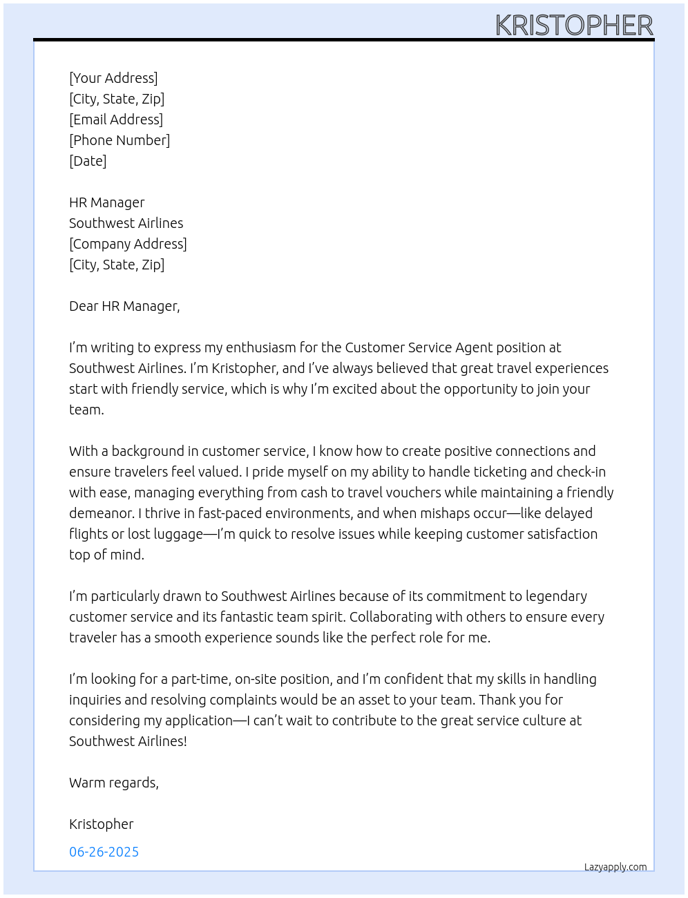 Customer Service agent At Southwest Airlines Cover Letter